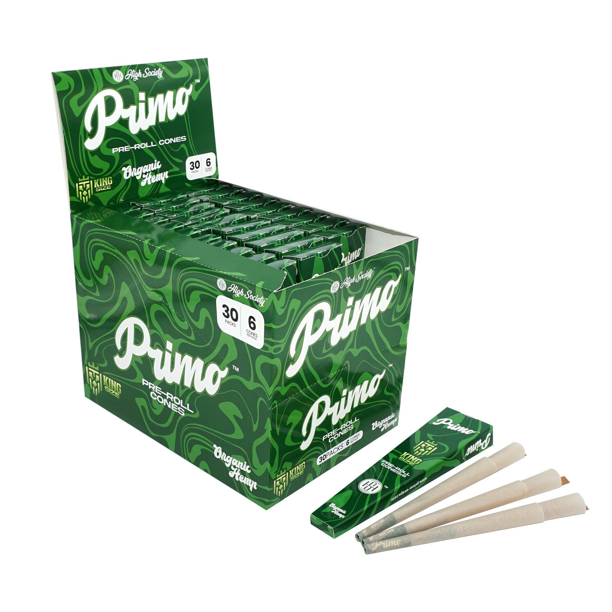 High Society Primo King Size Organic Hemp Pre-Roll Cones (Box of 30 Packs)